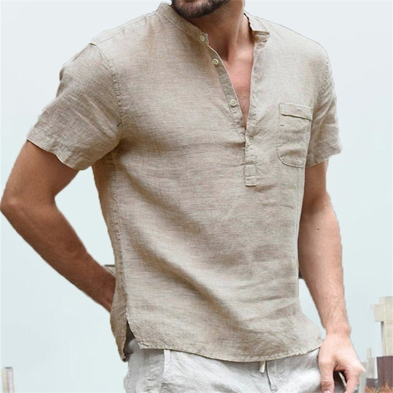 Men T-shirt V-neck single breasted design Casual Linen Breathable Shirt