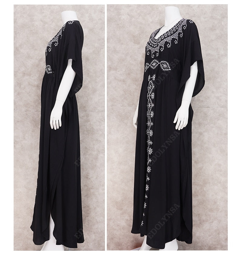 Black Vintage Embroidered Maxi Dress Elegant Long Kaftan