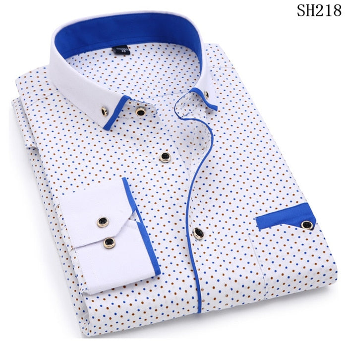 Print Casual Men Long Sleeve Button Shirt Pocket Soft Comfortable Slim Fit