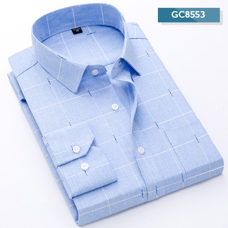 Shirts Men Long Sleeve Formal Classic Plaid Soft Comfortable Single Pocket Button