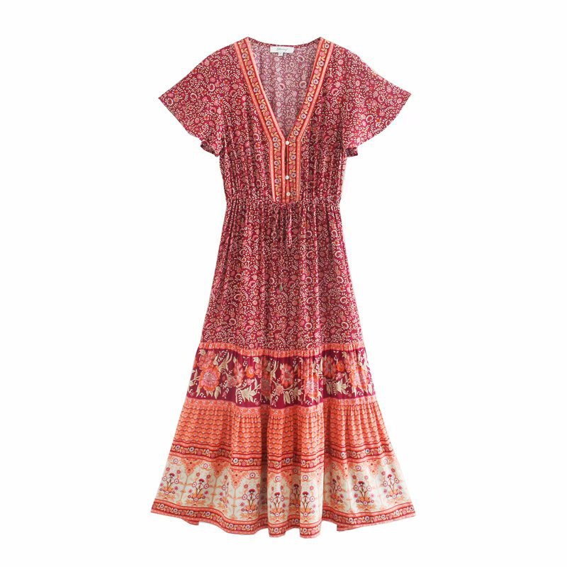 V-neck Long Flared Sleeves Dress Boho Hippie Chic Maxi Dress Vestidos