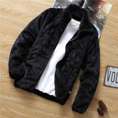 Men Coat Zipper Side Pockets Fleece Double Jacket Stand Collar Warm Jacket