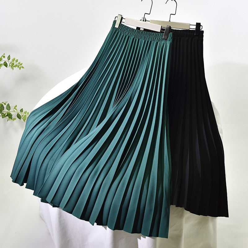 Women A-Line Spring Pleated Skirt Elegant Stretch High Waist Long Skirt