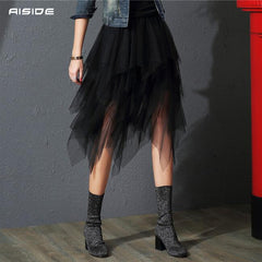 Tulle Skirts Womens Irregular Fashion Elastic High Waist Mesh Tutu Skirt