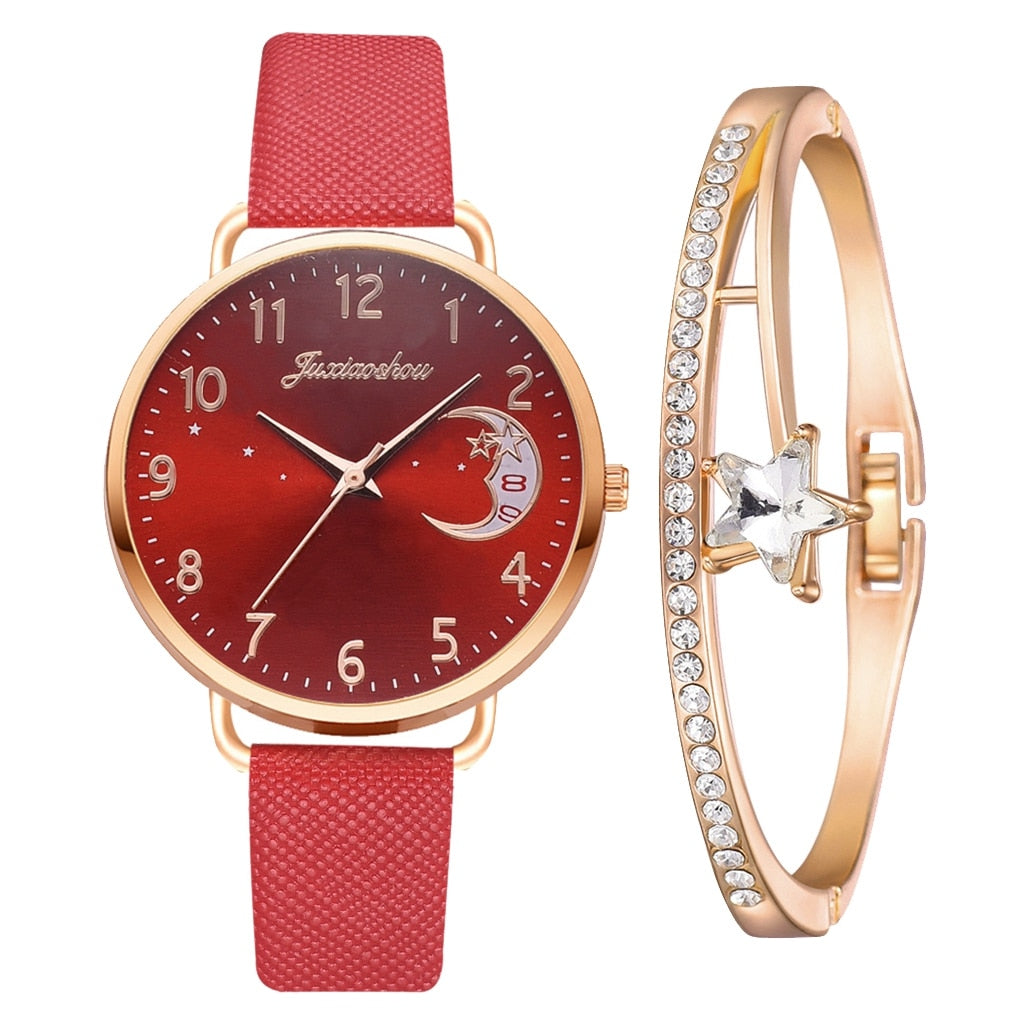 Women Watch Moon Numbers Dial Bracelet Watches Set Ladies