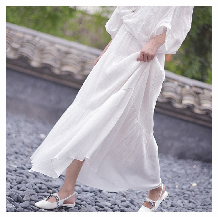 White Long Skirt High Waist Stretch Cotton And Linen Skirts