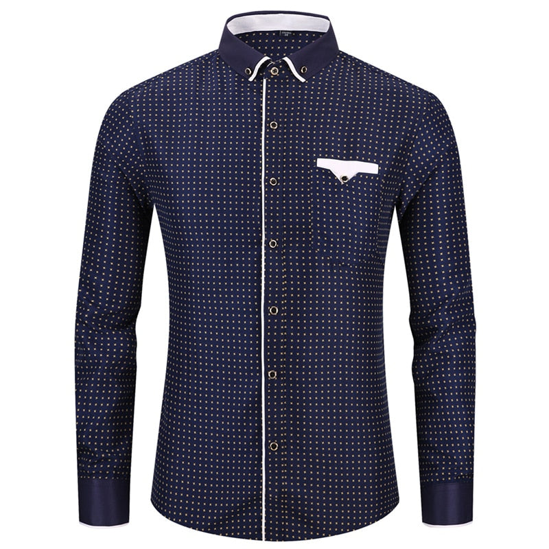 Print Casual Men Long Sleeve Button Shirt Pocket Soft Comfortable Slim Fit