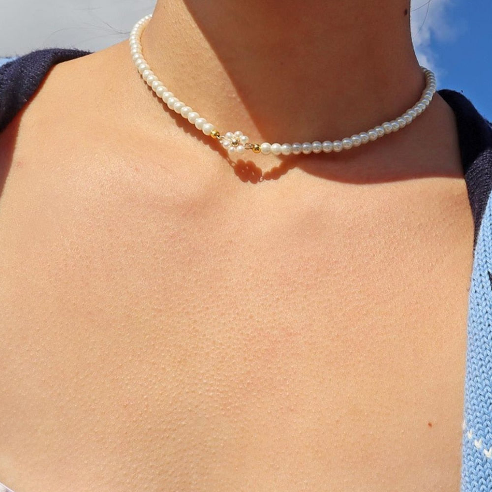 Dainty Pearl Flower Bow-knot Choker Necklace Long Chain Pearl Heart