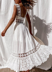 Fashion Lace  Cotton Sleeveless White Hollow Out Boho Maxi Sundress