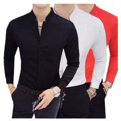 Men Business Shirts Stand Collar Long Sleeve Tops Dresses