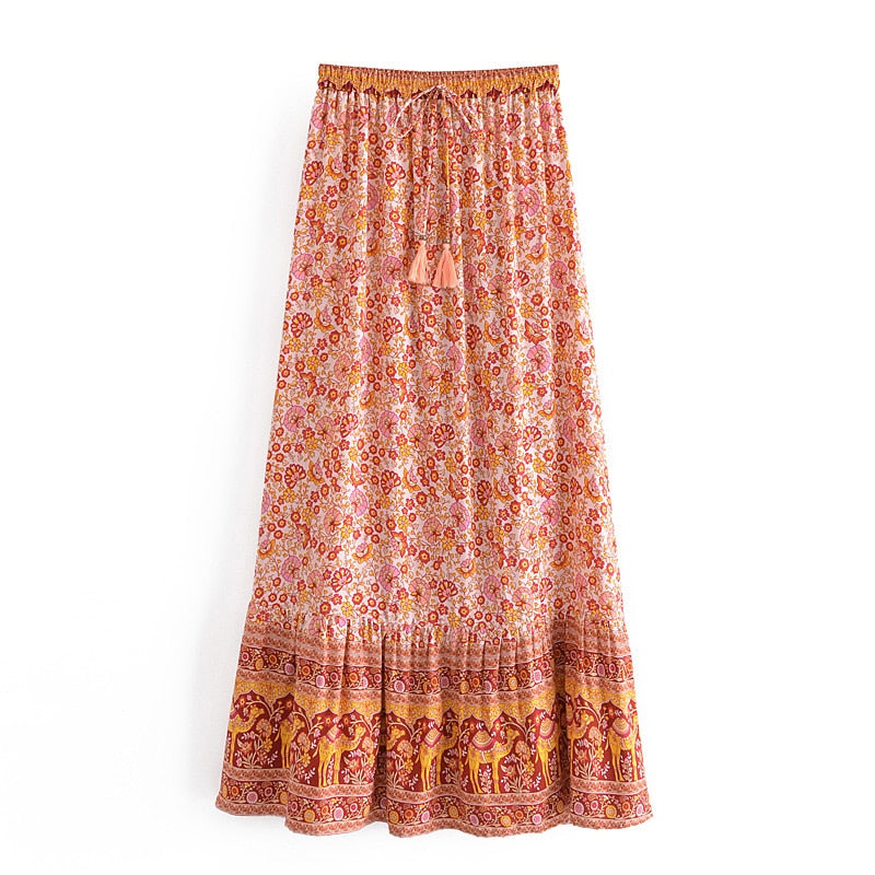 Bohemia Floral Print Long Skirt Spliced Ruched Ruffle Hem Hippie