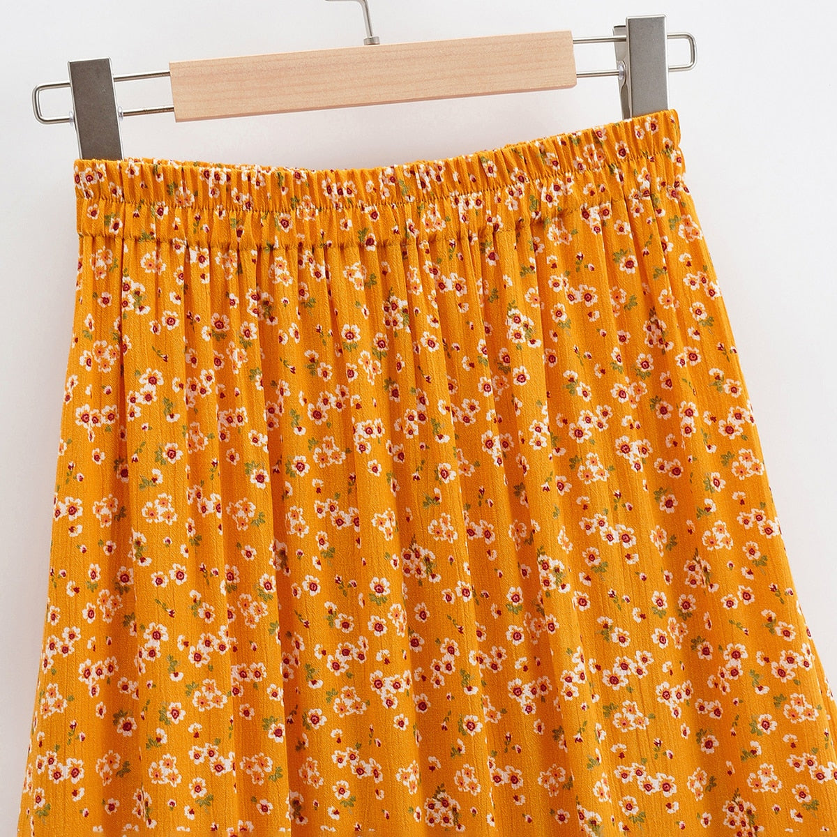 Boho Orange Floral Print Long Skirt Elastic High Waist  Ruched Pleated