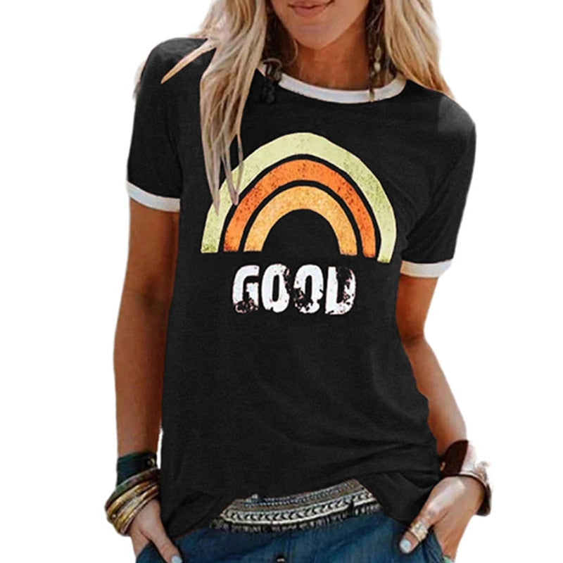 Rainbow Print Short Sleeve O-neck T-shirt   Cotton Tee Shirt