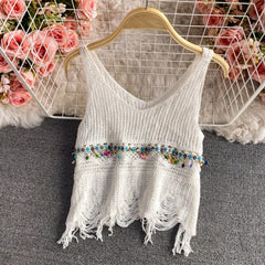 Hollow crochet flowers crop tops sexy V neck knitted camis