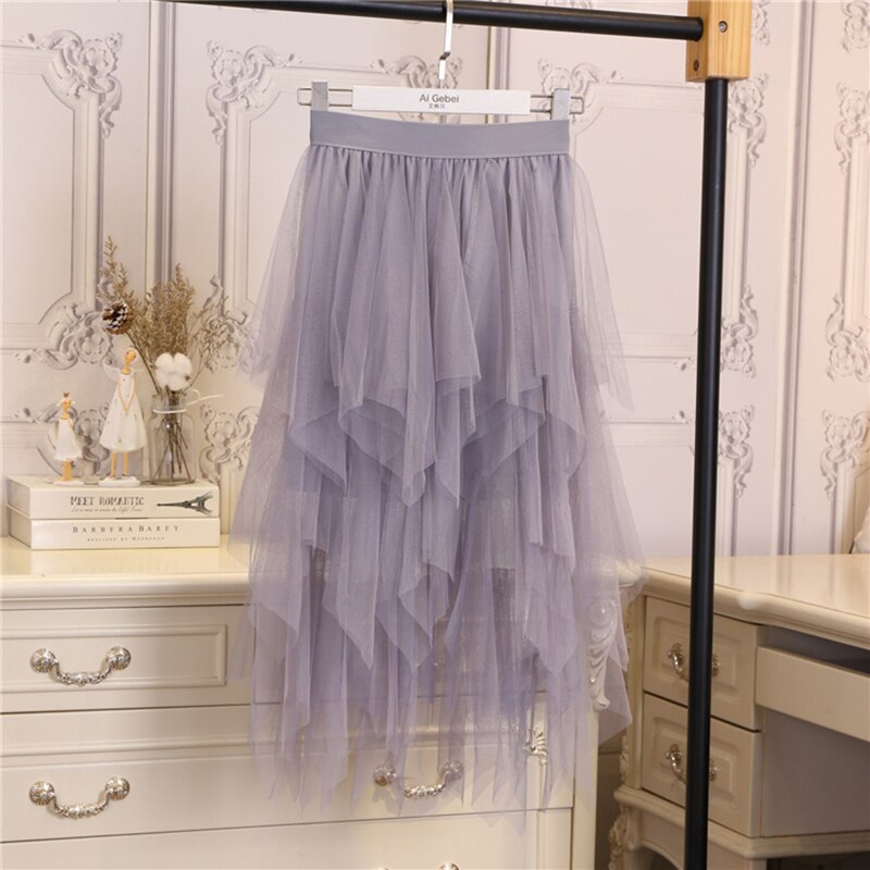 Tulle Skirts Womens Irregular Fashion Elastic High Waist Mesh Tutu Skirt