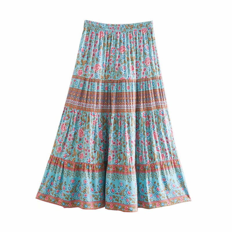 Bohemian Floral Print Skirts Elastic Waist Ruffle Midi Skirt Vintage