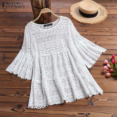 Lace Crochet Blouse Flare Sleeve Hollow Out Shirts