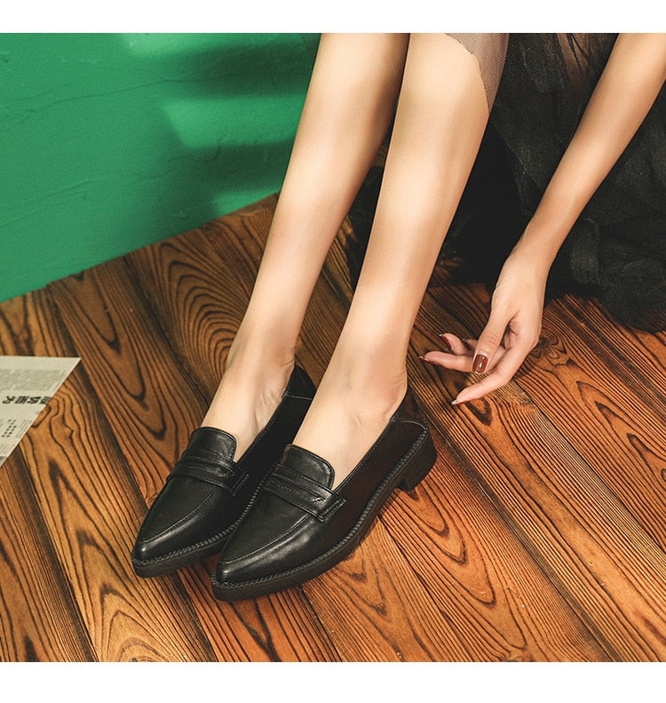 pointed toe small leather shoes women flats shallow slip on loafers