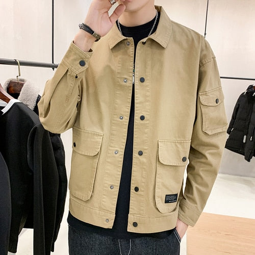 Jackets Men Basic Soft Letter Pockets Wind Breaker Turn-down Collar Outwear