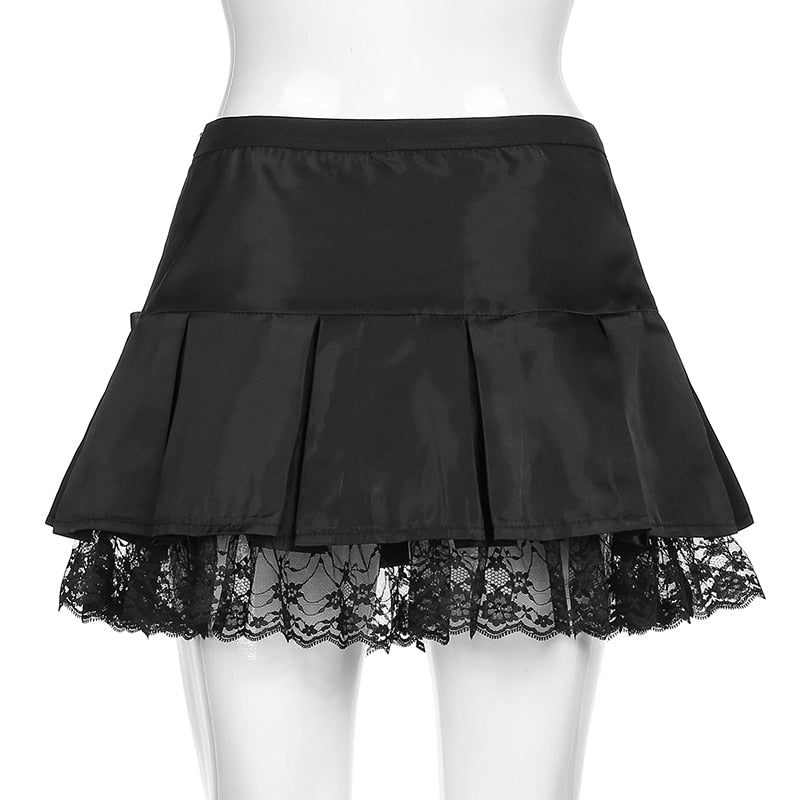 Streetwear Gothic Lace Patchwork Pleated Skirt