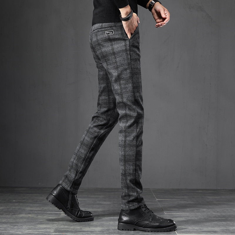 Plaid Work Stretch Pants Men Business Fashion Slim Casual Pant Trouser