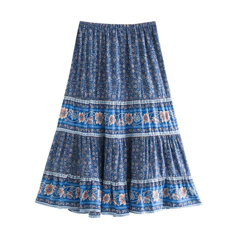 Bohemian Stream Flower Print Long Skirt Stitching Ruched Ruffle