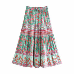 Bohemian Floral Print Skirts Elastic Waist Ruffle Midi Skirt Vintage