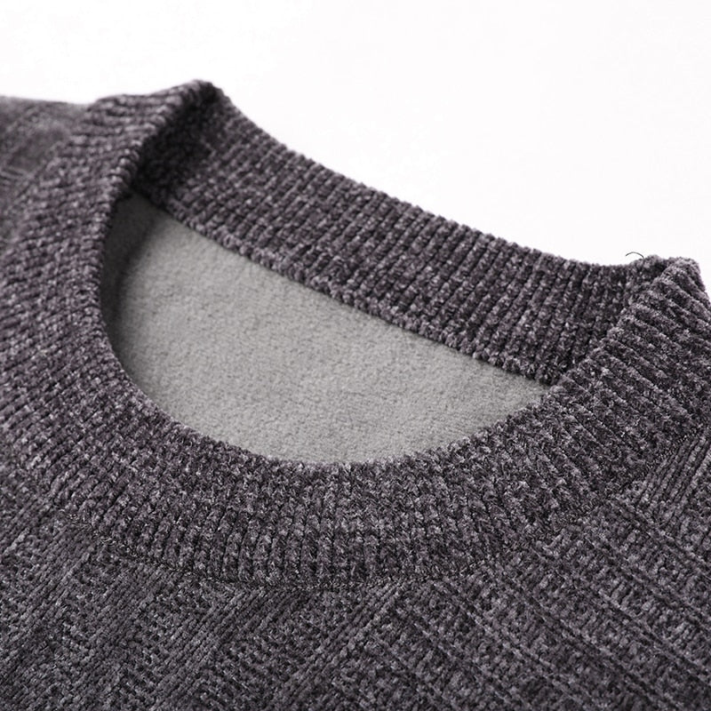 Sweater Men Winter Fleece Thick Warm Pullovers Slim Fit Striped Knitted Sweater