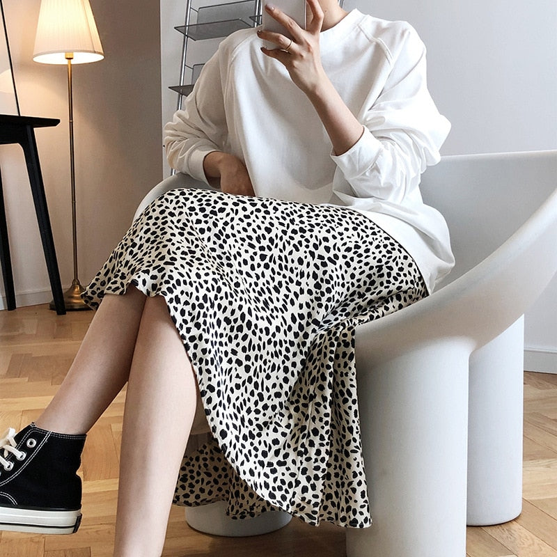 Women A-Line Leopard Print Summer Skirt Stretch High Waist Long Skirt