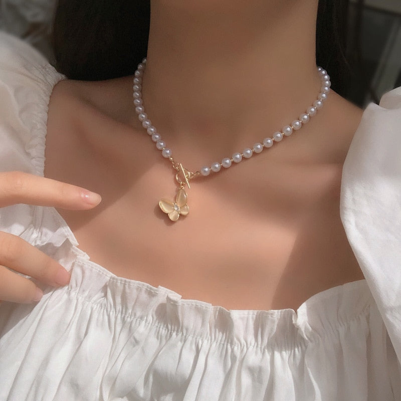 Dainty Pearl Flower Bow-knot Choker Necklace Long Chain Pearl Heart