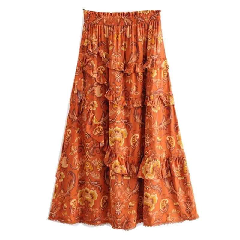 Bohemian  Women Elastic Waist Wood ears Ruffles Lace Swing Skirts