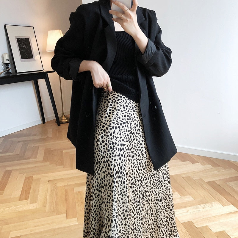 Women A-Line Leopard Print Summer Skirt Stretch High Waist Long Skirt