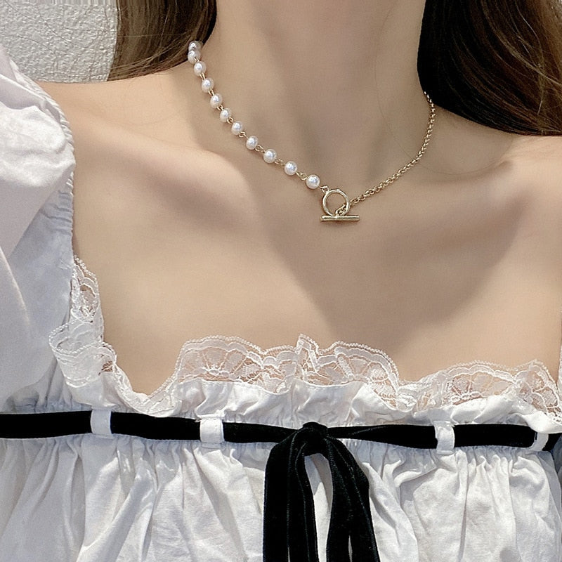 Dainty Pearl Flower Bow-knot Choker Necklace Long Chain Pearl Heart