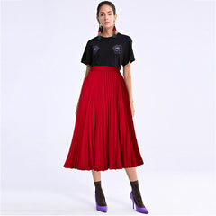 Fashion Women High Waist Pleated A-line Swing Skirt Multi Color Mid Calf Elastic Skirt