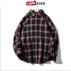 Men Color Block Plaid Shirt Streetwear Fleece Shirts Long Sleeve