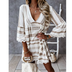 Women Striped Print Long Sleeve Beach Loose Bohemian Mini Dress