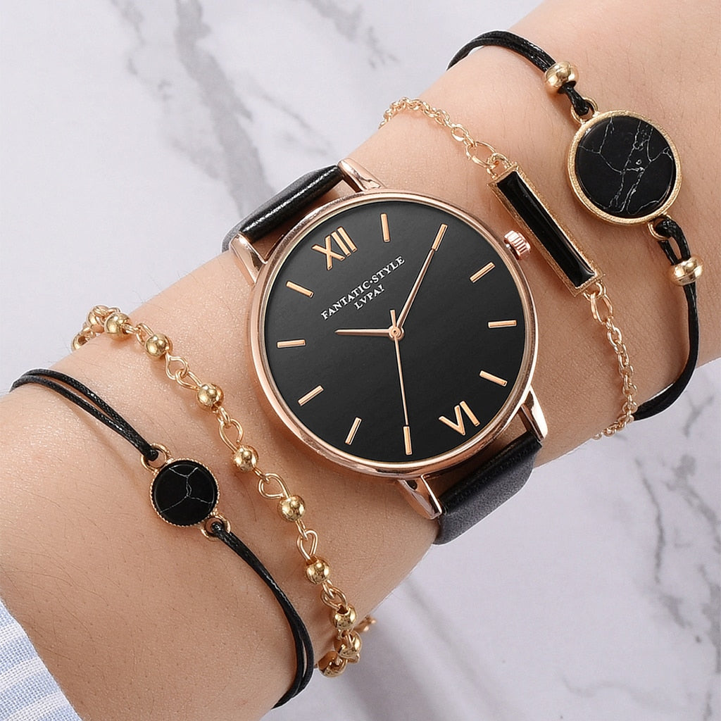 Watch Set Women 5pcs Woman Quartz Wristwatch Leather Ladies Bracelet