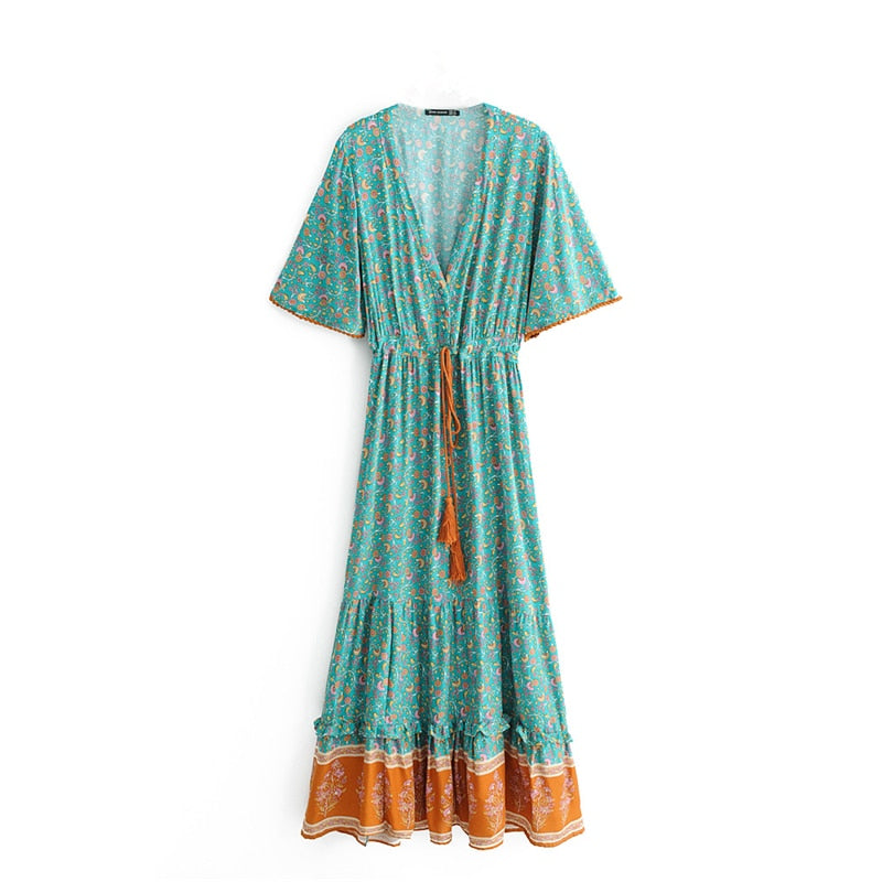 Fashion Floral Print V-neck  Rayon Cotton Bohemian Dresses