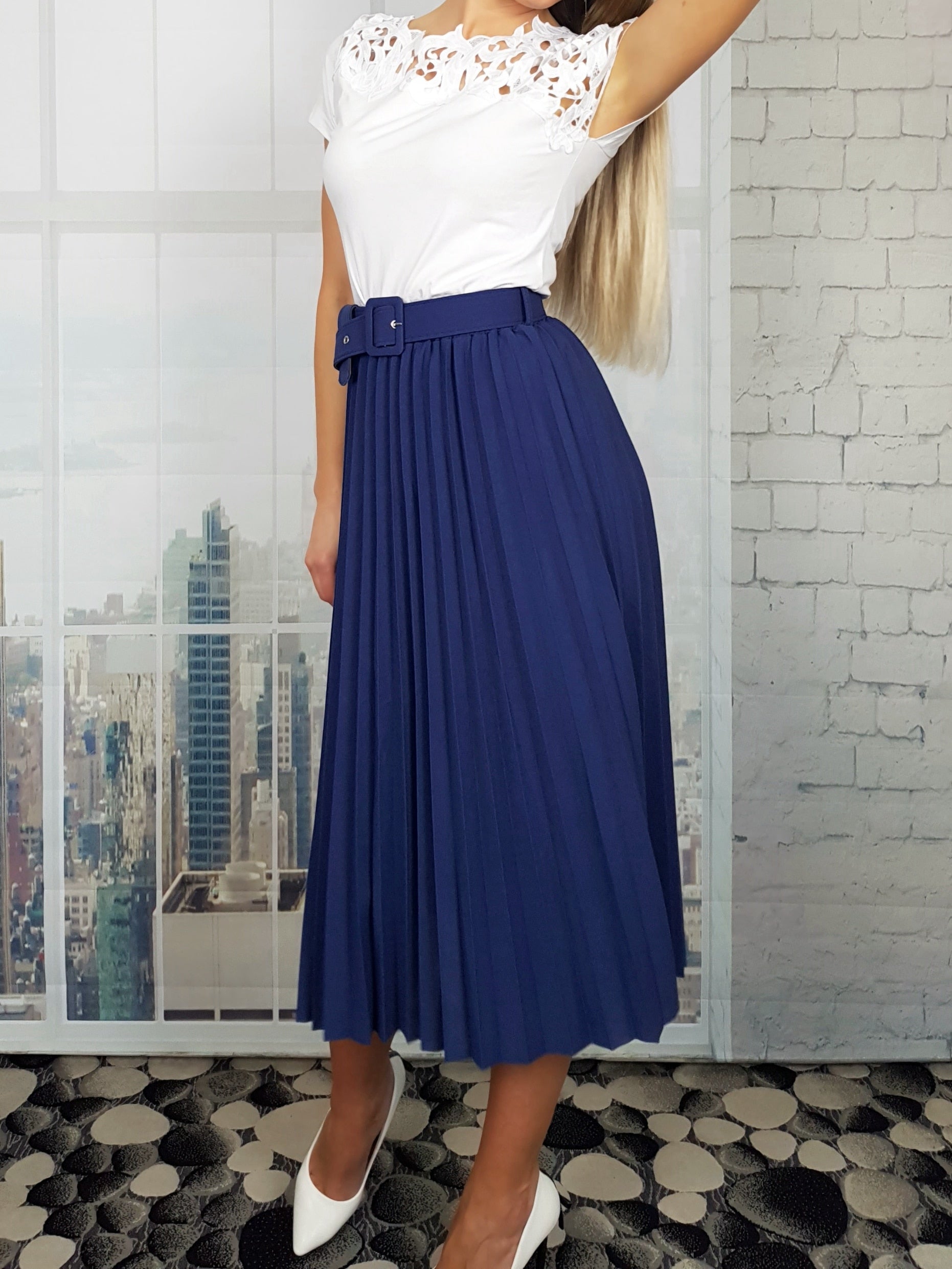 High Waist Women Skirt Casual Vintage Solid Belted Pleated Midi Skirts