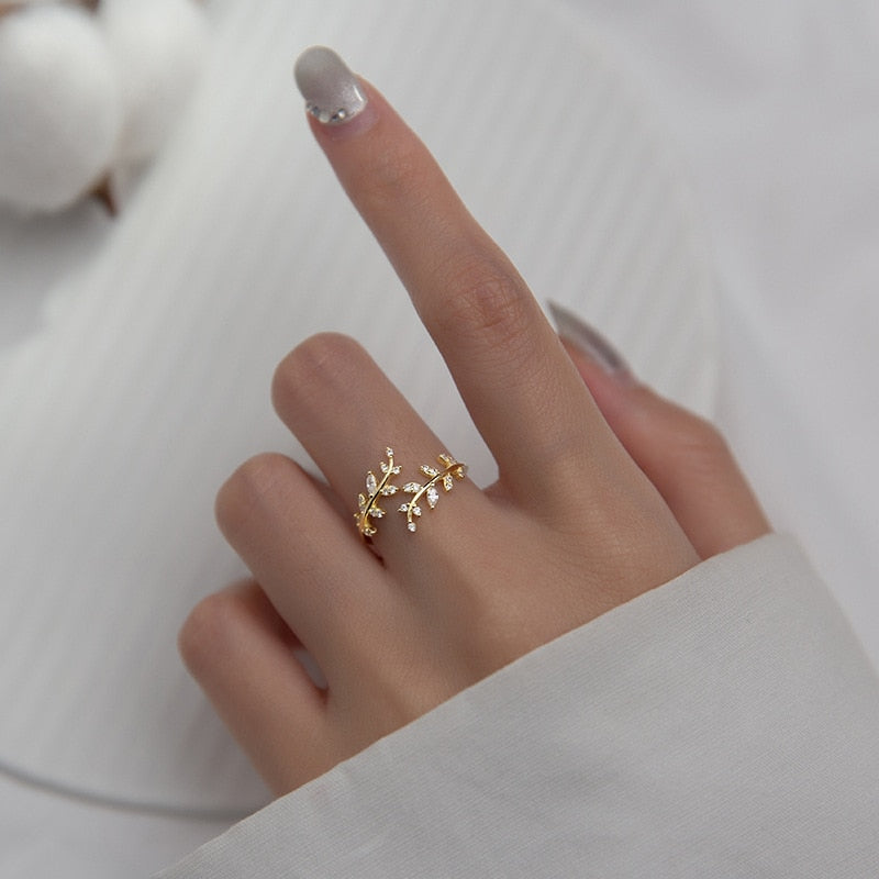 Sweet Romantic Zircon Open Branch Small Leaf Adjustable Ring