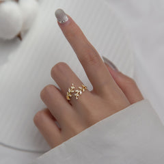 Sweet Romantic Zircon Open Branch Small Leaf Adjustable Ring