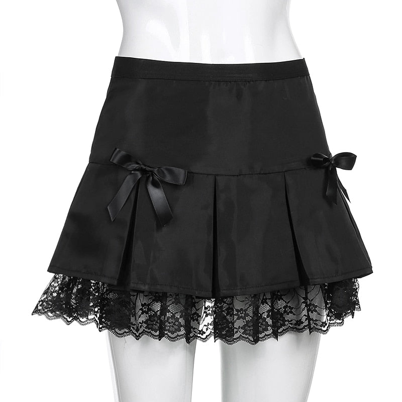 Streetwear Gothic Lace Patchwork Pleated Skirt