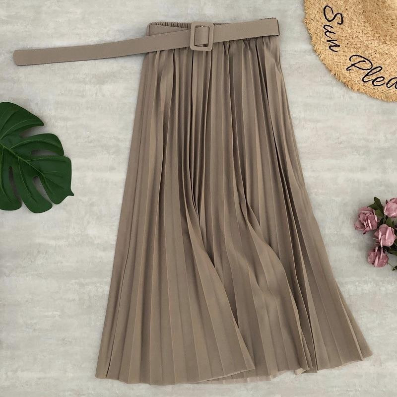 High Waist Women Skirt Casual Vintage Solid Belted Pleated Midi Skirts