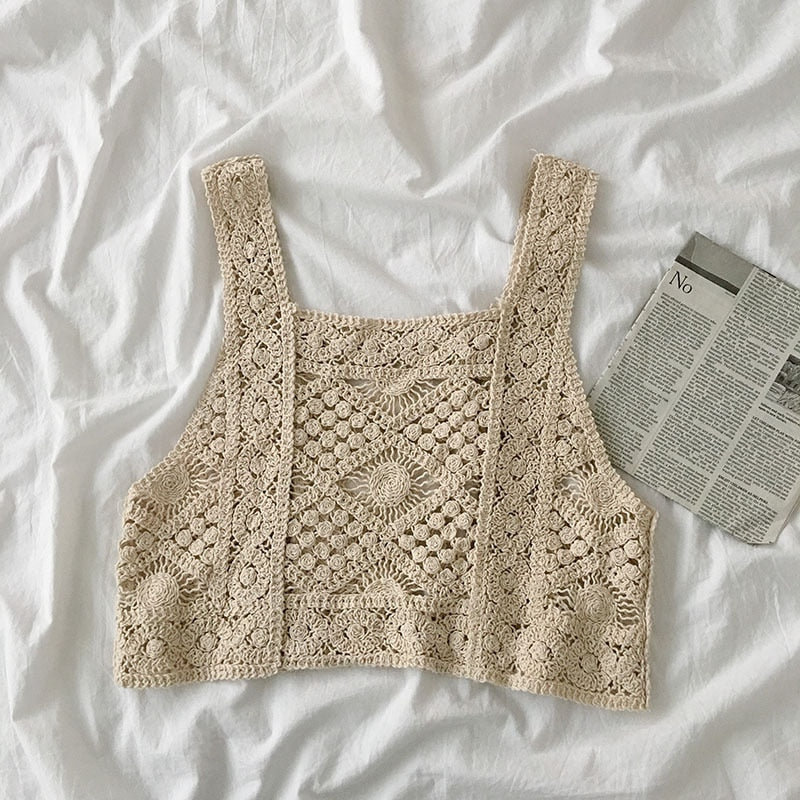 Crocheted Short Tank Tops Hollow Knit Vest Sling Short Top