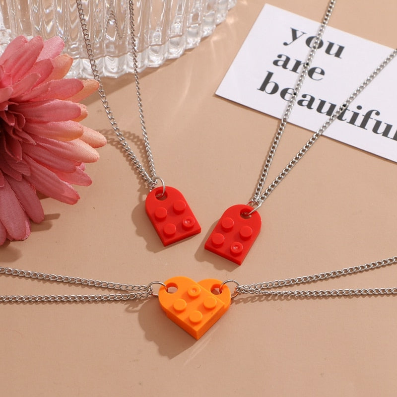 Punk 2Pcs Heart Brick Couples Love Necklace