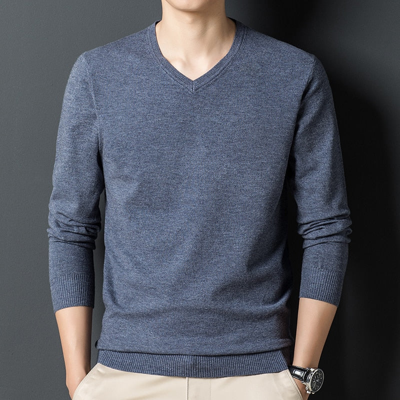 Men Woolen Sweaters Classic Business Pullover V-neck Sweater Bottoming Shirt