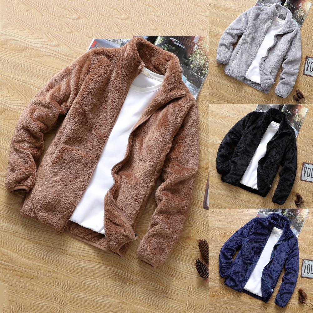 Men Coat Zipper Side Pockets Fleece Double Jacket Stand Collar Warm Jacket