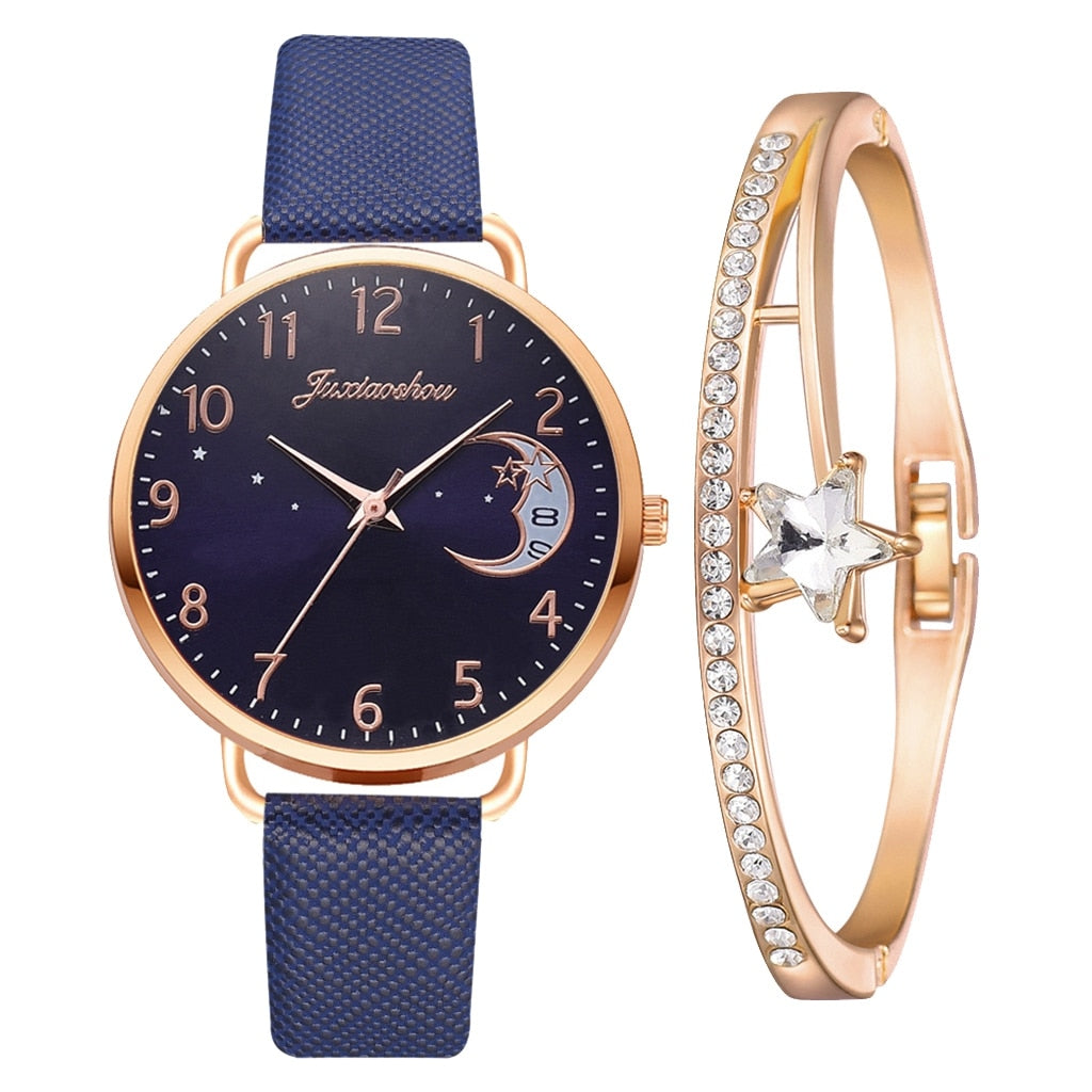 Women Watch Moon Numbers Dial Bracelet Watches Set Ladies