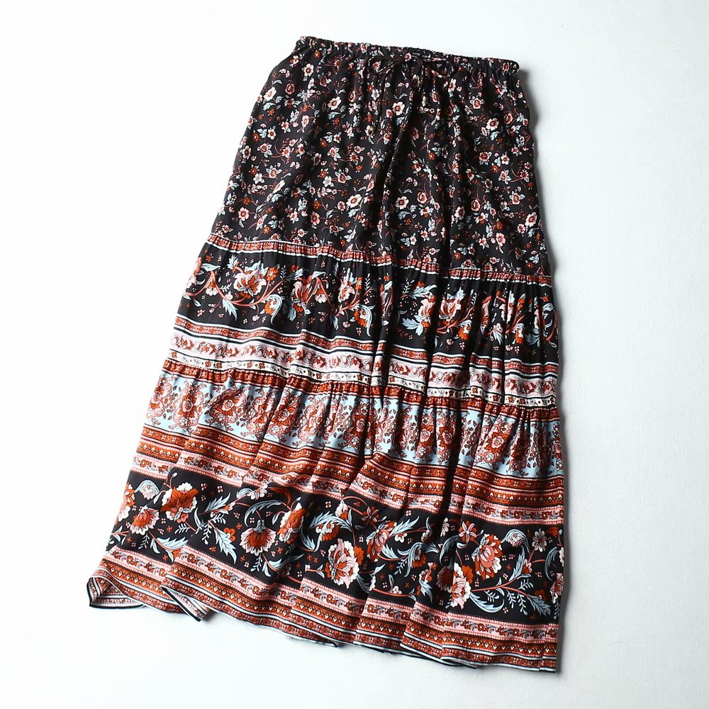 Midi Skirt Women Vintage Chic Floral Print Boho Skirts Elastic Waist Casual Beach Skirt