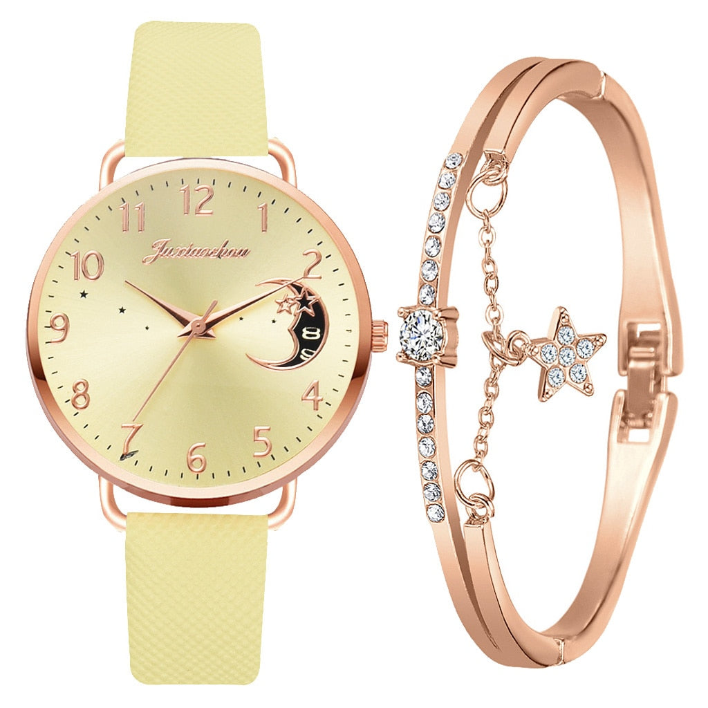 Women Watch Moon Numbers Dial Bracelet Watches Set Ladies